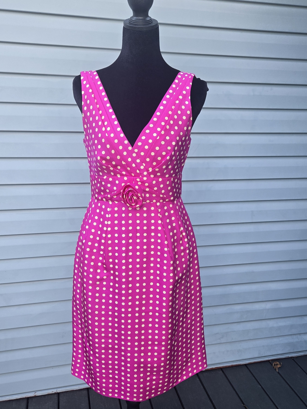 J.Crew 100% Silk Magenta Pink Polka Dot Rosette V-Neck Sheath Dress Size 4